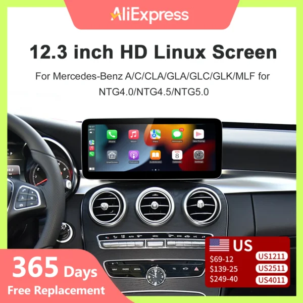 Wireless Carplay/Android Auto 12.3'' Touch screen Multimedia Radio Receiver for Mercedes Benz GLA CLA GLC GLK ML W205 W176 C117